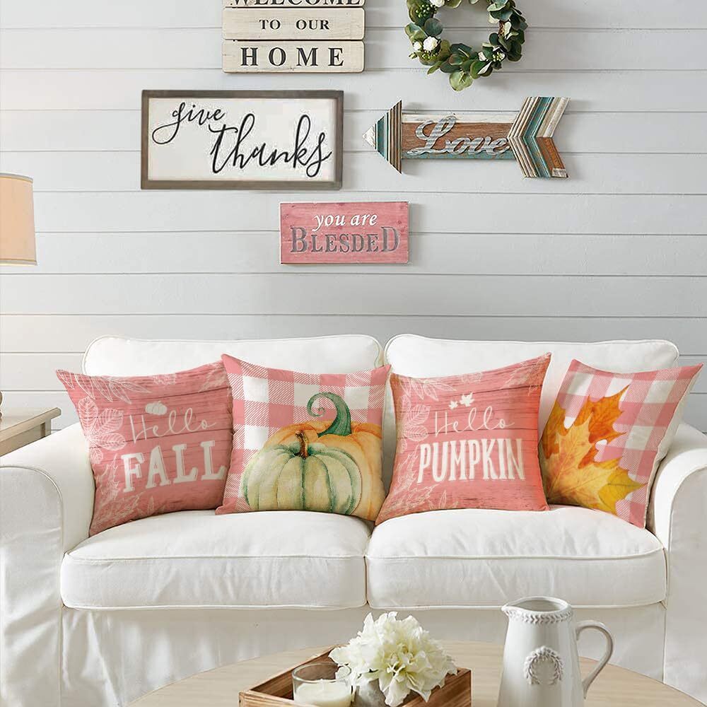 5866 Pink Fall Decorative Throw Pillow Covers Pumpkin Decor 16x16 Set of 4 - Picture 2 of 5
